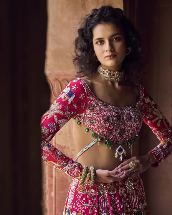 Heritage Red Hand-Embroidered Bridal Lehenga with Rajasthani Motifs-2