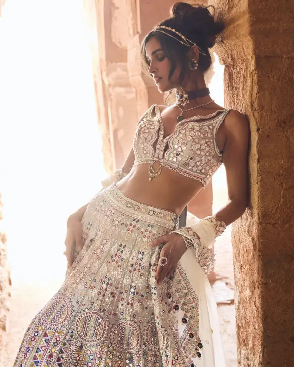 Ivory and Silver Mirror-Embellished Handcrafted Bridal Lehenga Set-3