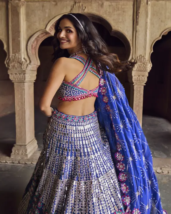 Midnight Blue Hand-Embroidered Mirror Work Lehenga Set-2