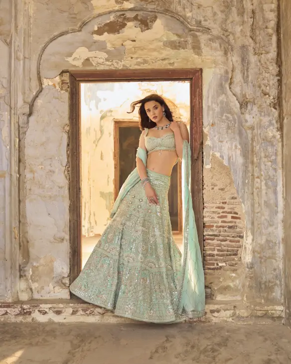 Pastel Mint Crystal-Embellished Bridal Lehenga with Pearl Drapes-2
