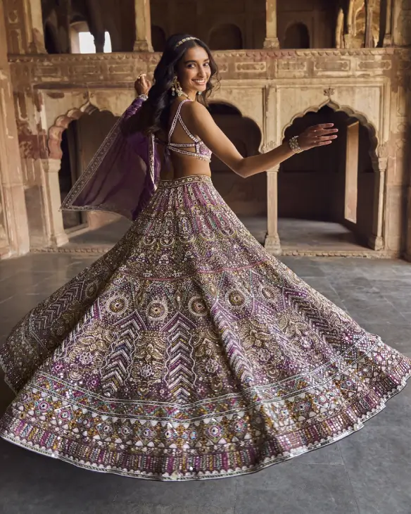 Plum Royale Mirror-Embellished Bridal Lehenga with Zari Work-2