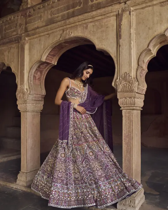 Plum Royale Mirror-Embellished Bridal Lehenga with Zari Work-3